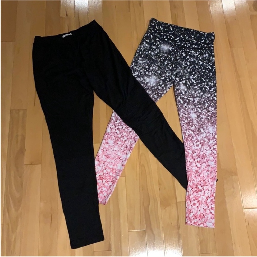 2 Girl’s leggings (black moto jeggings & ombré black/white/pink legging)-size 14